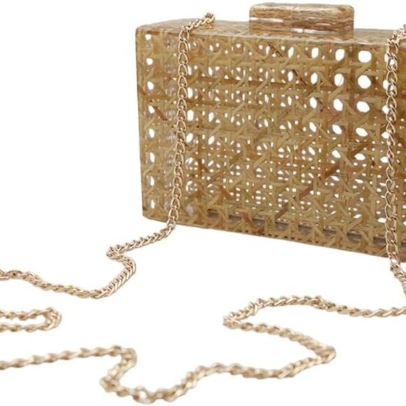 Women Acrylic Handbag Rattan Woven Pattern Square Box Crossbody Handbag Shoulder - Picture 6 of 6